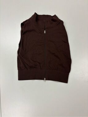 Brown Zip-Front Ribbed Sweater Vest